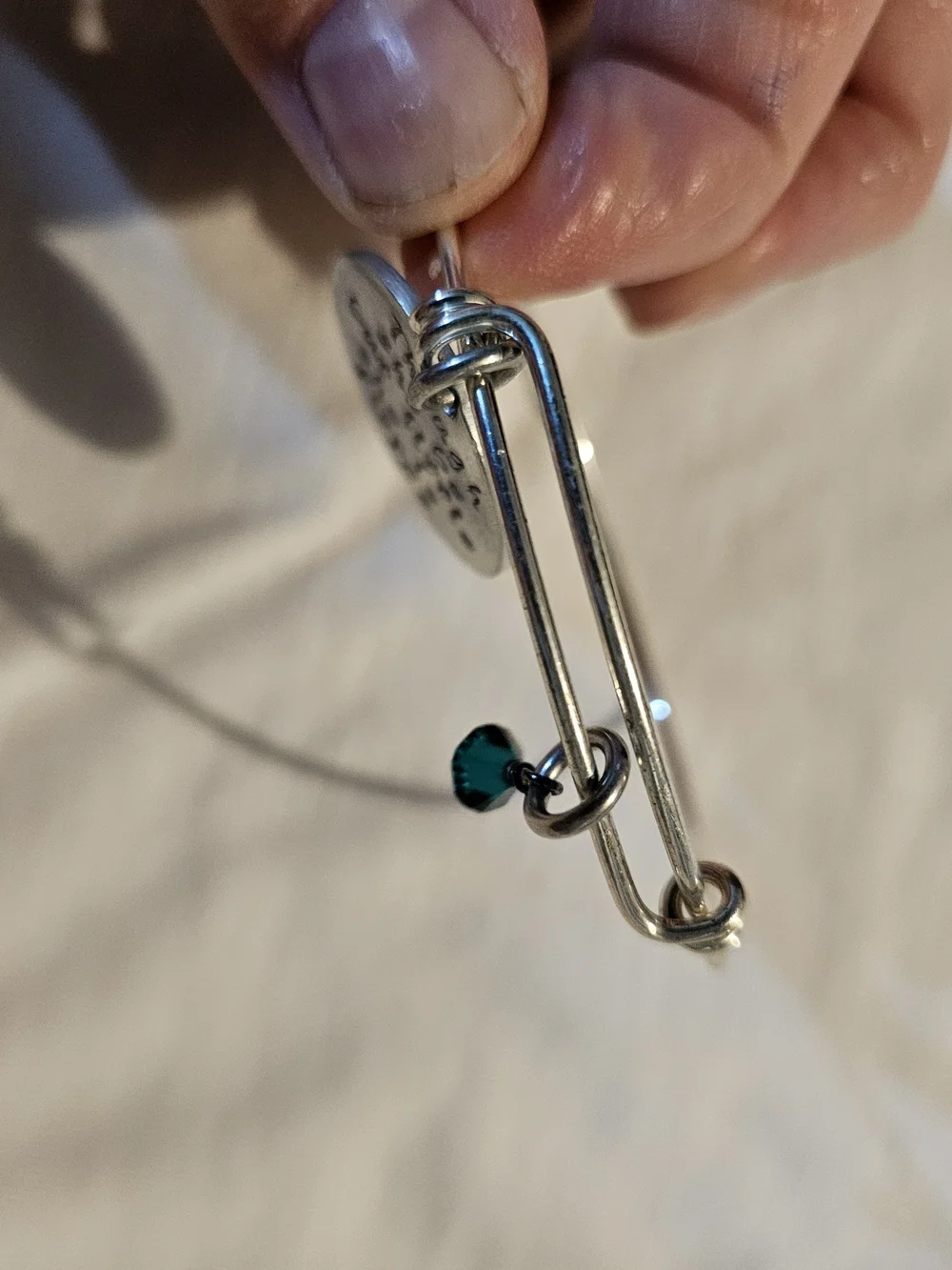 Silver Bangle Bracelet with Teal Crystal and Inspirational Disc